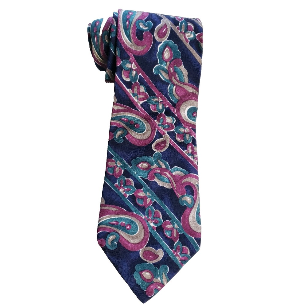 Villa Bugatti Tie Paisley Floral Bold Striped Pattern Blue Pink Classic